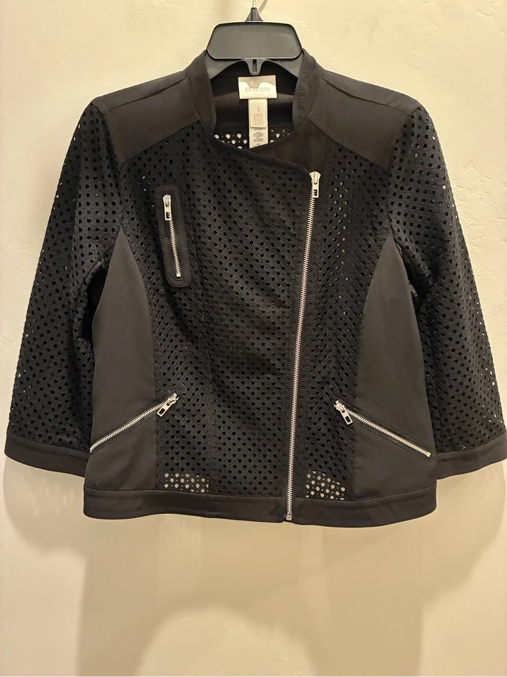 Chico's Black Perforated Zip-Front Bomber Jacket